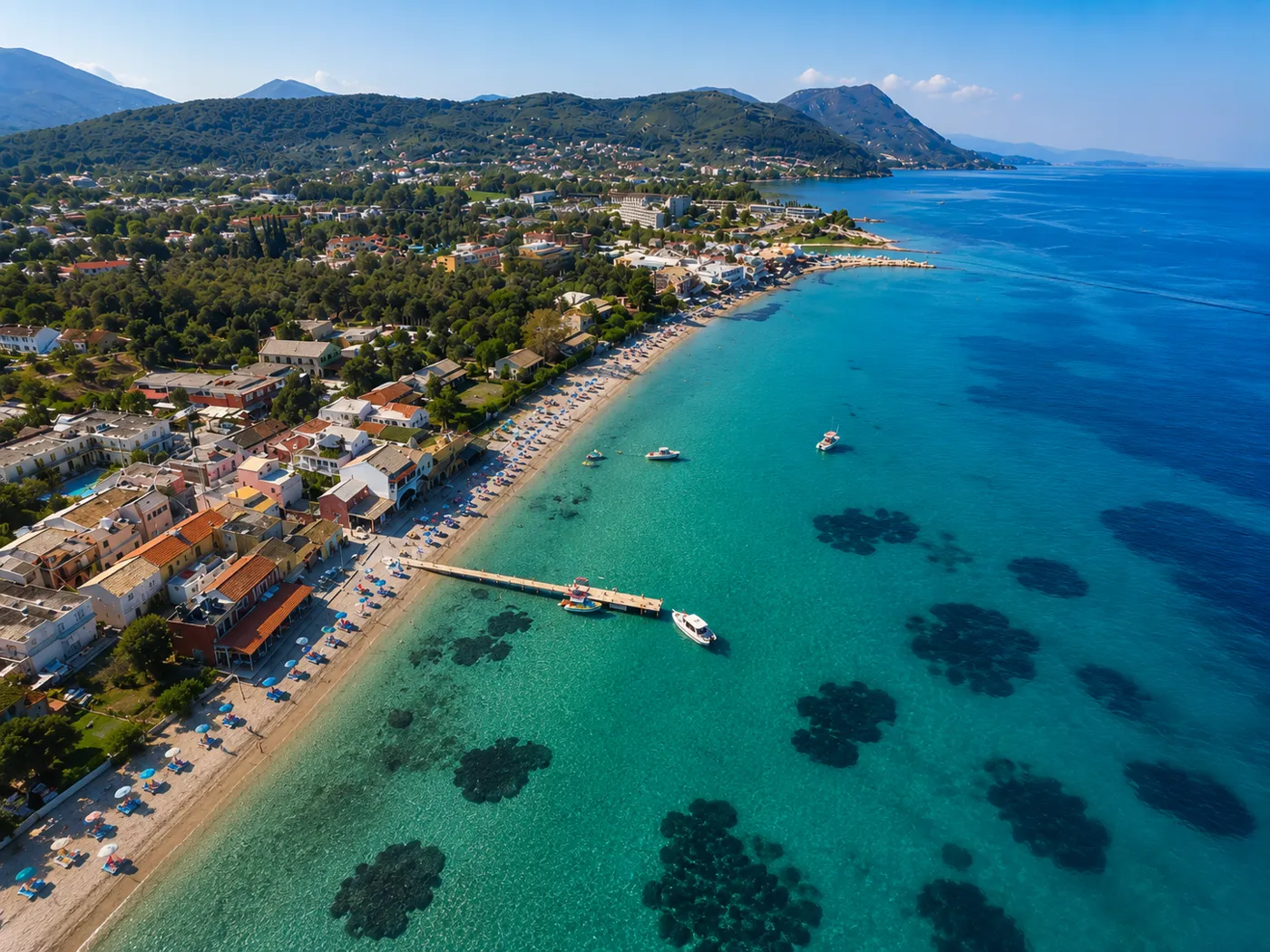 Aerial view of Messonghi beach and village, Corfu