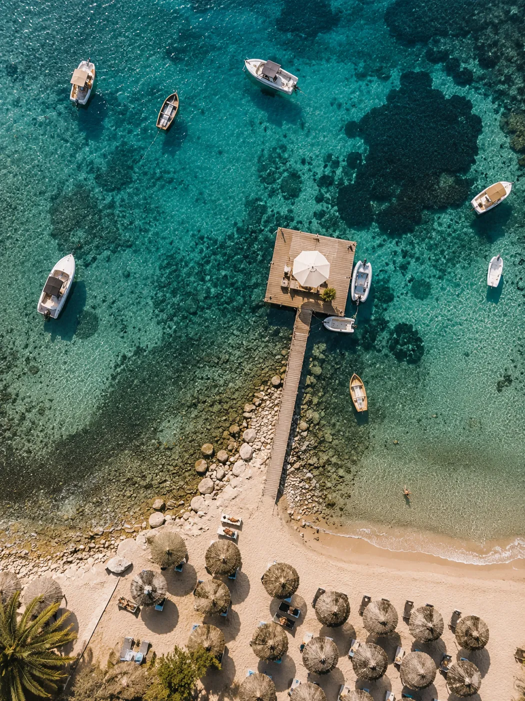 Aerial view of the pier and beach at Messonghi, Corfu